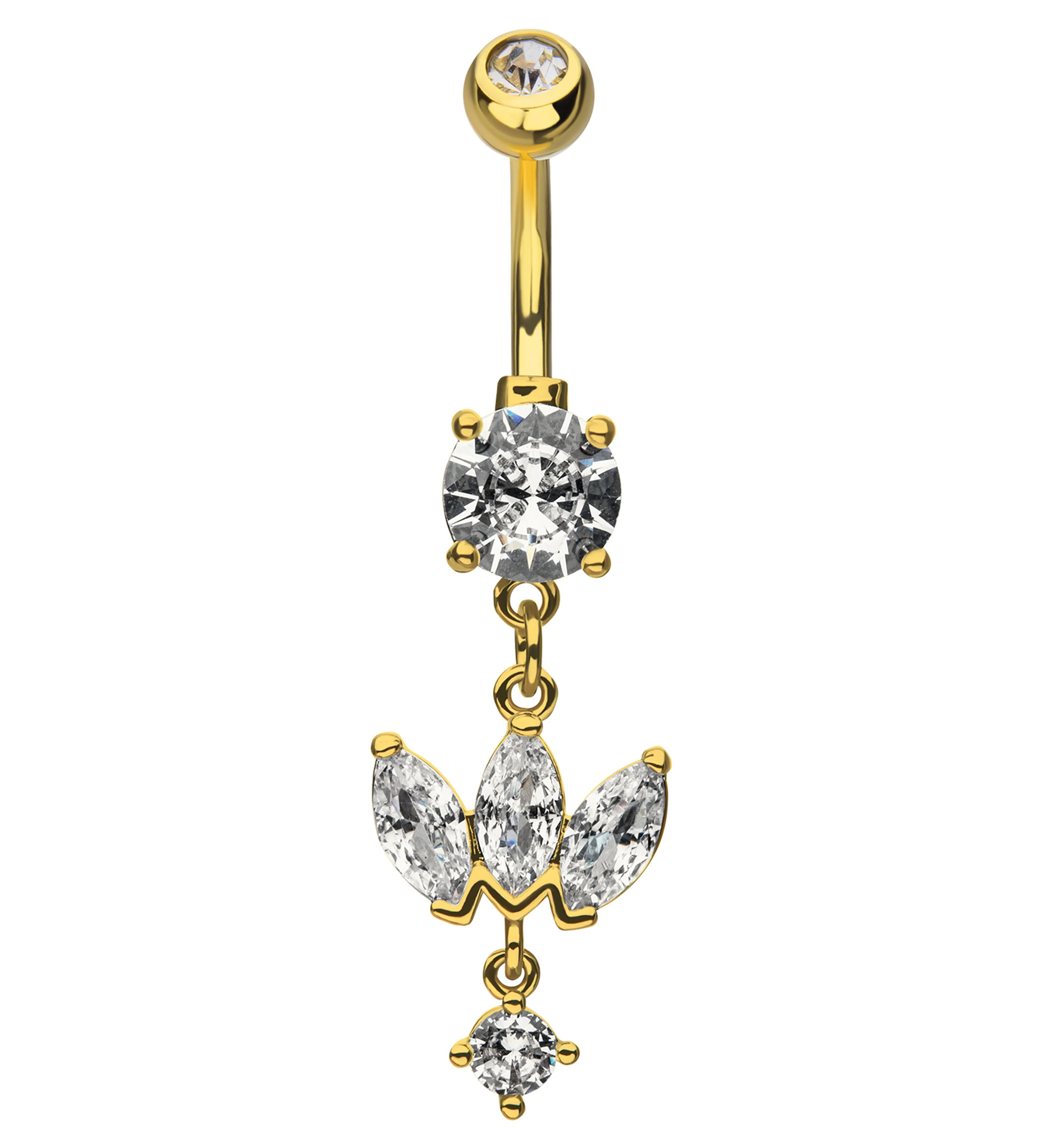 Gold PVD Empress Dangle Clear CZ Stainless Steel Belly Button Ring - Mrs Treak