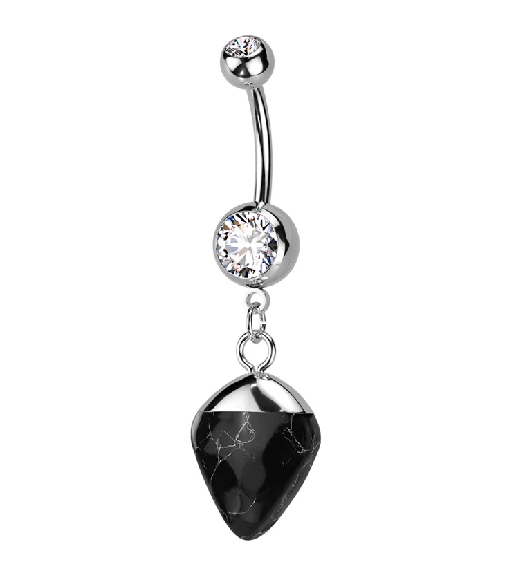 Apex Black Agate Stone Dangle Stainless Steel Belly Button Ring - Mrs Treak