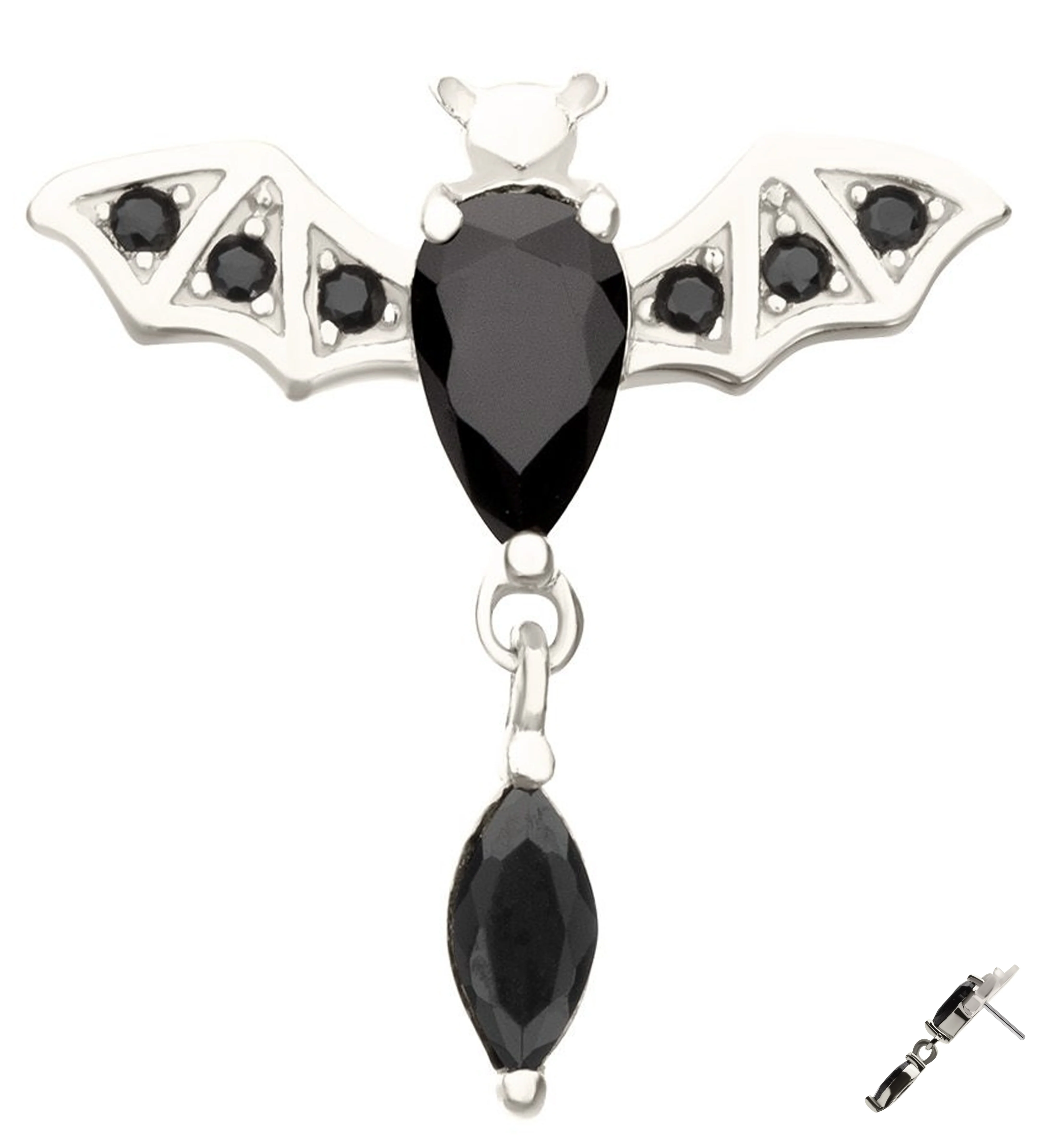 14kt White Gold Flying Bat Black CZ Threadless Top - Mrs Treak