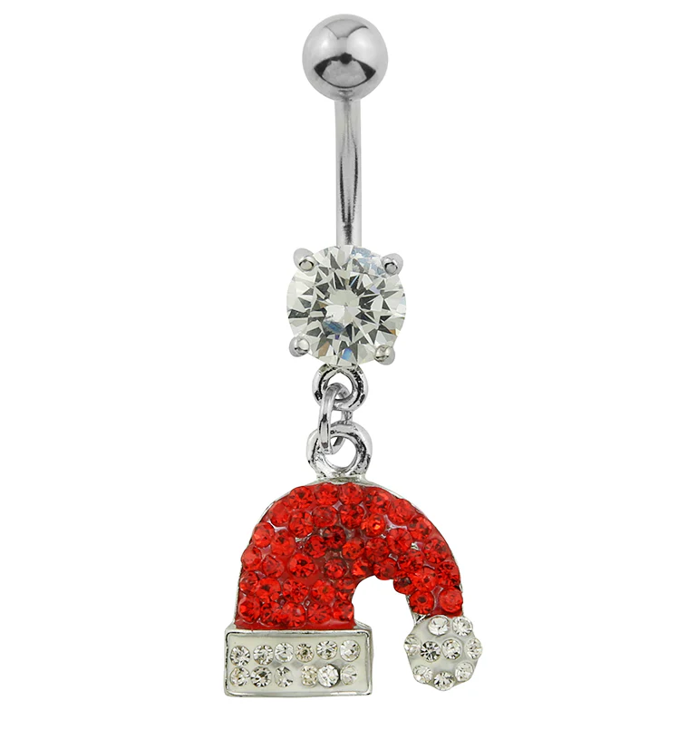 Santa Hat Dangle Red CZ Stainless Steel Belly Button Ring - Mrs Treak