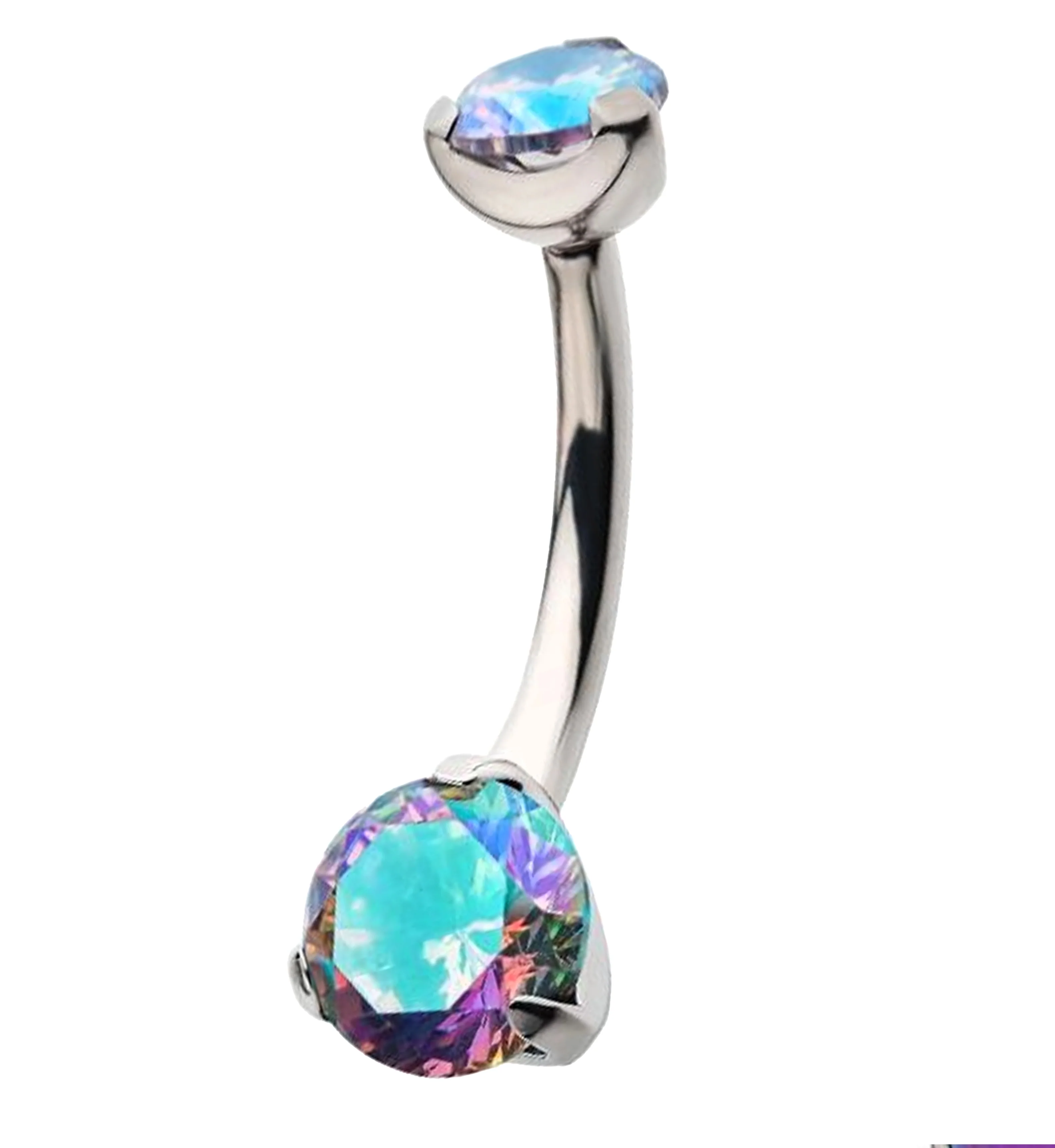 Three Prong Rainbow Aurora CZ Internally Threaded Belly Ring - Mrs Treak
