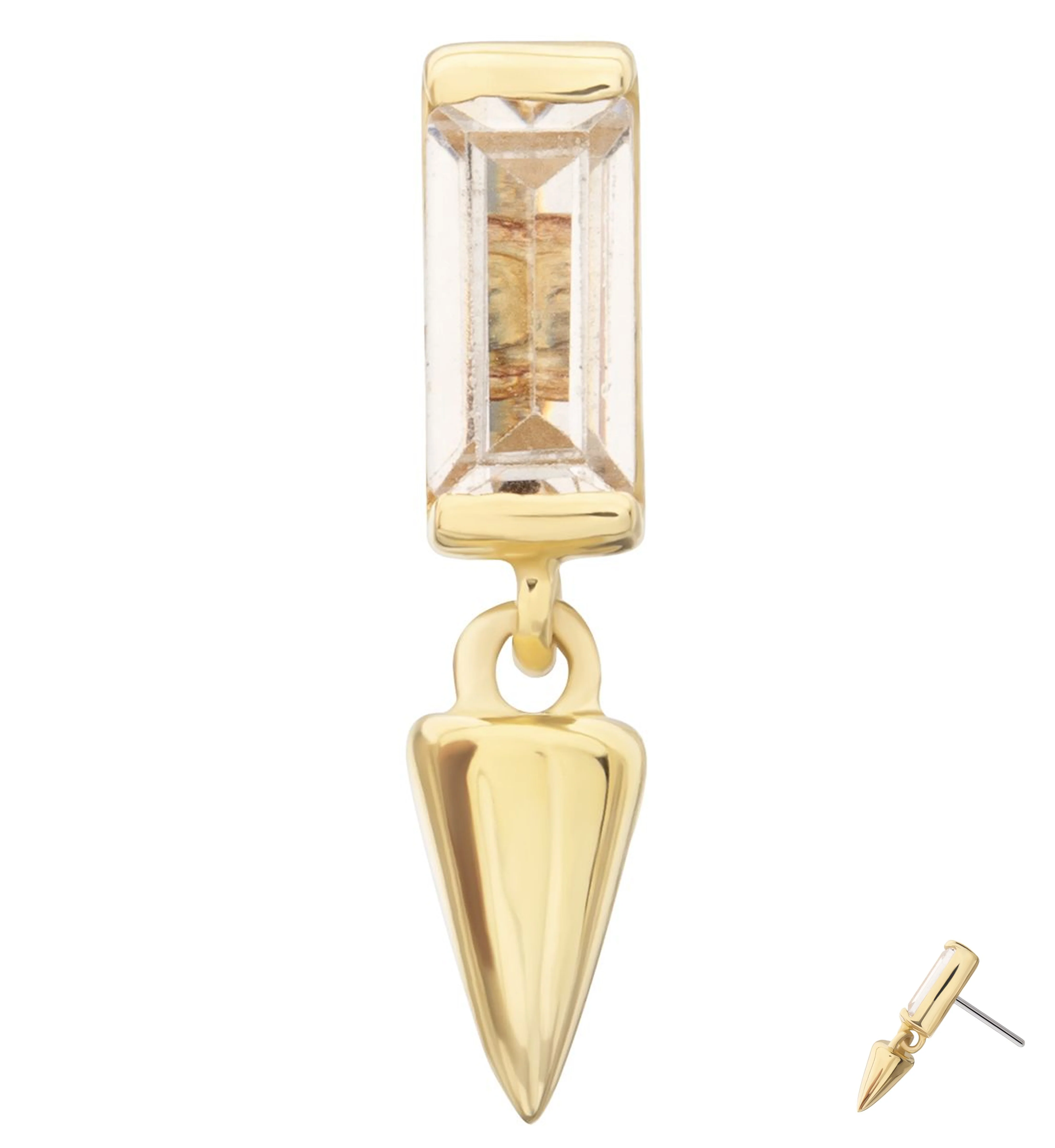 14kt Gold Baguette Clear CZ Dangle Cone Threadless Top - Mrs Treak
