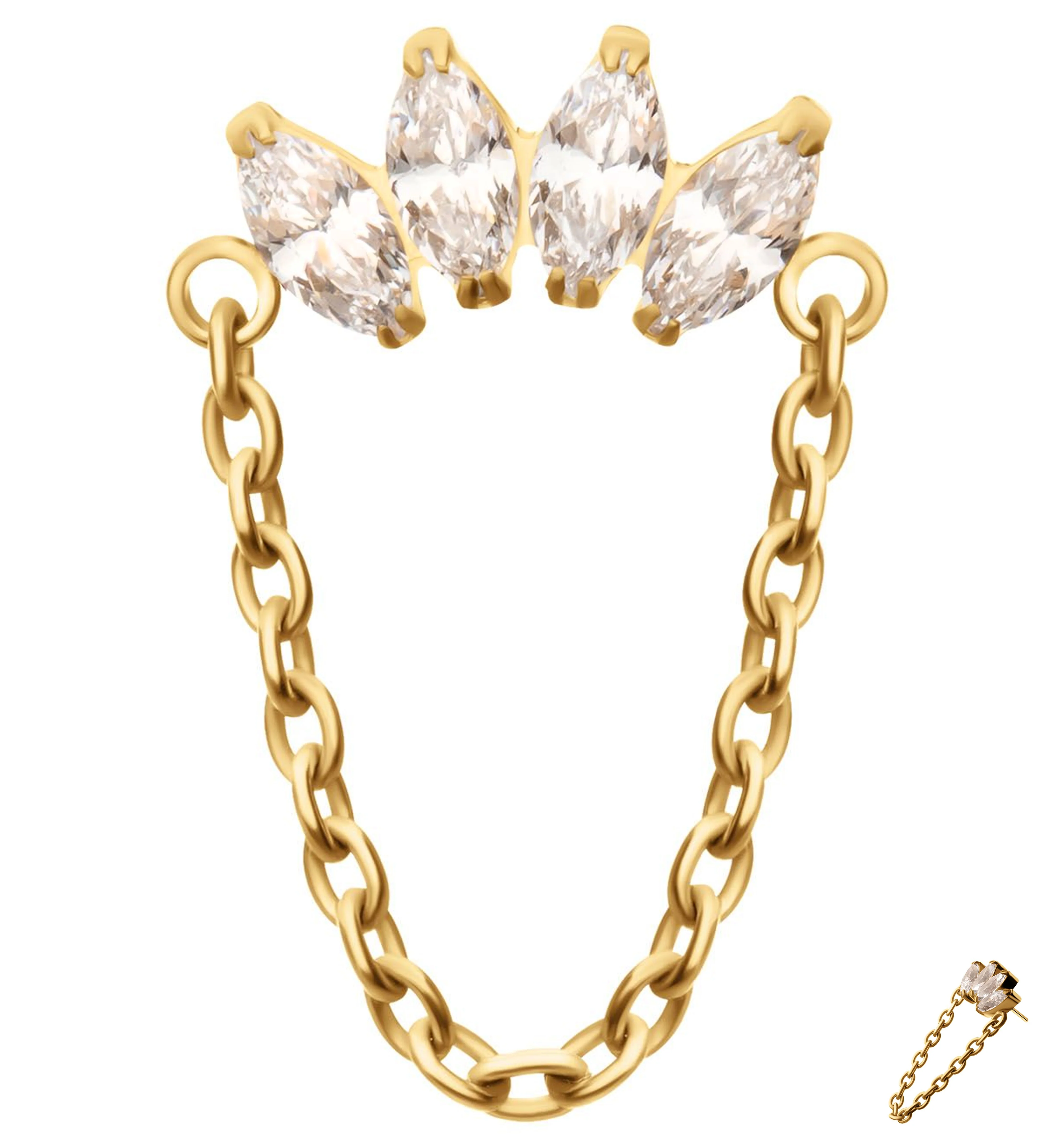 24kt Gold PVD Half Crown Clear CZ Dangle Chain Titanium Threadless Top - Mrs Treak