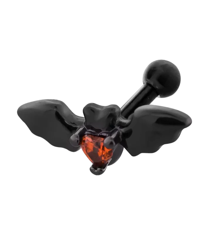 Black PVD Bat Heart Red CZ Cartilage Barbell - Mrs Treak