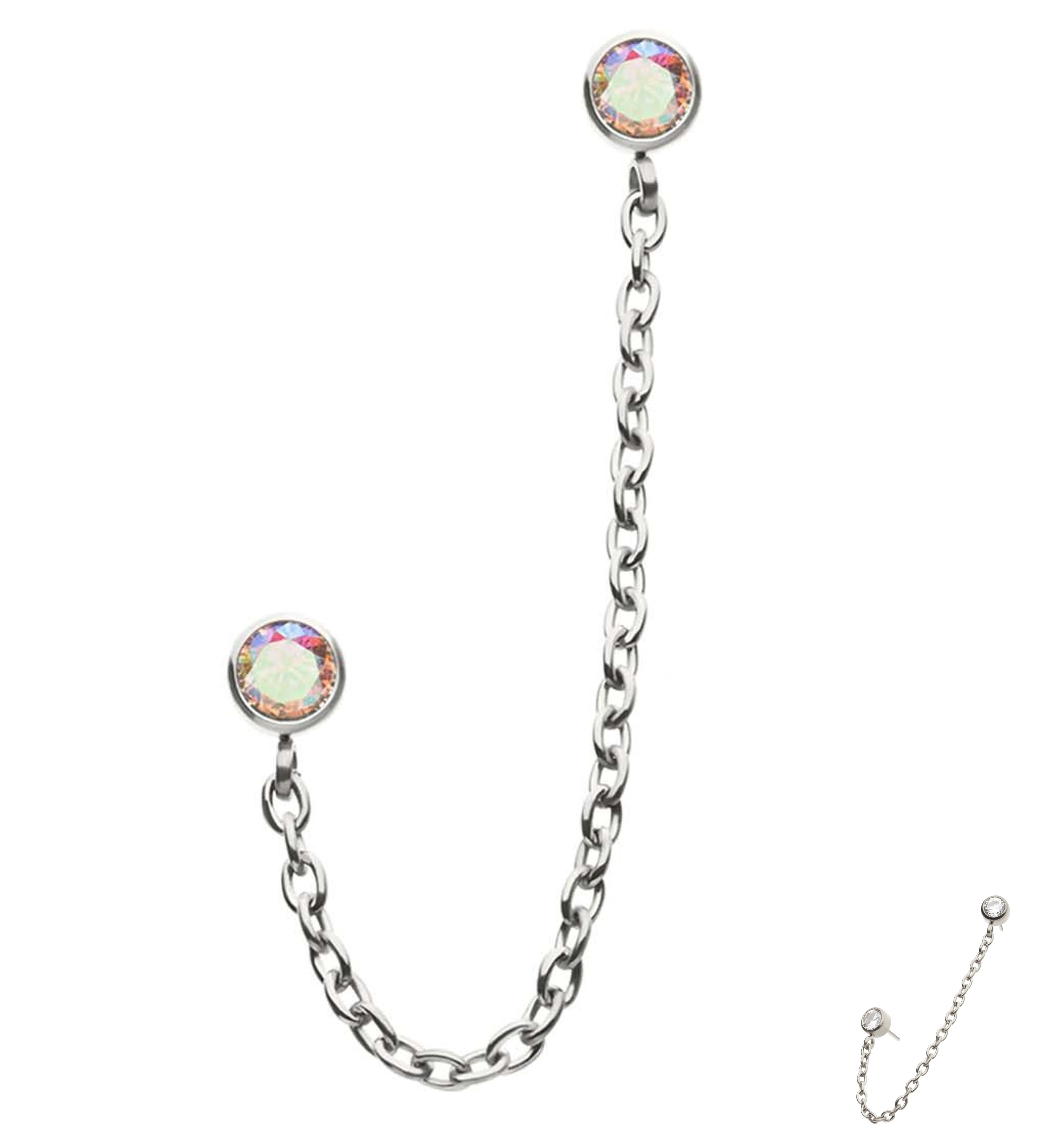 Double Bezel Rainbow Aurora CZ Titanium Threadless Connector Rolo Chain Tops - Mrs Treak