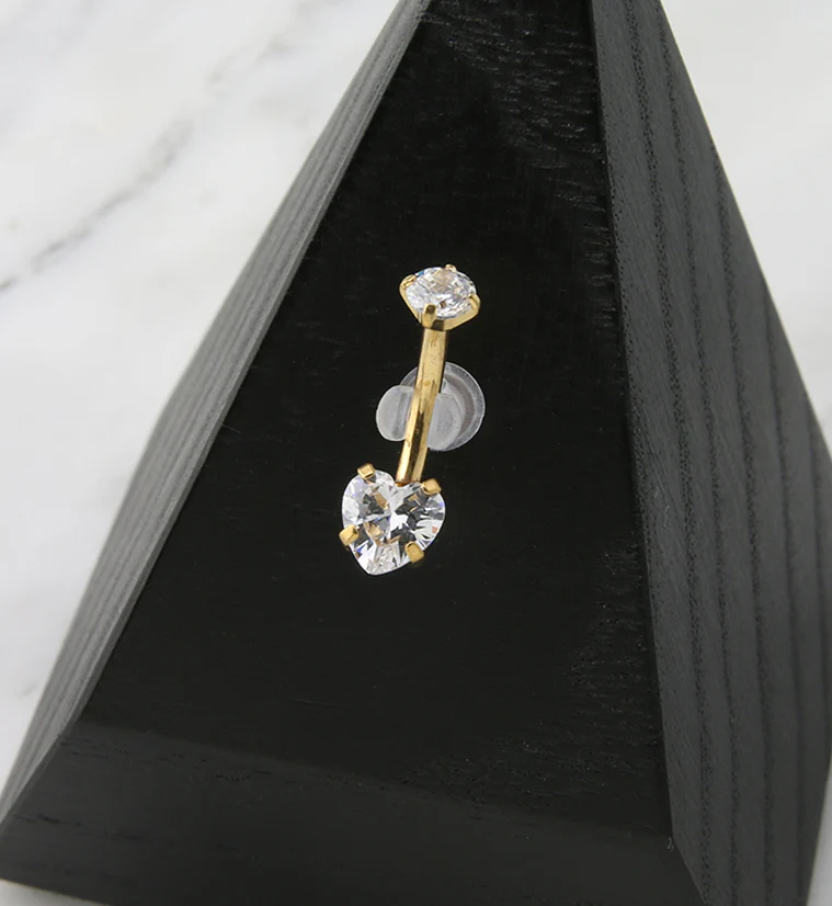 Gold PVD Clear Heart CZ Internally Threaded Titanium Belly Button Ring - Mrs Treak