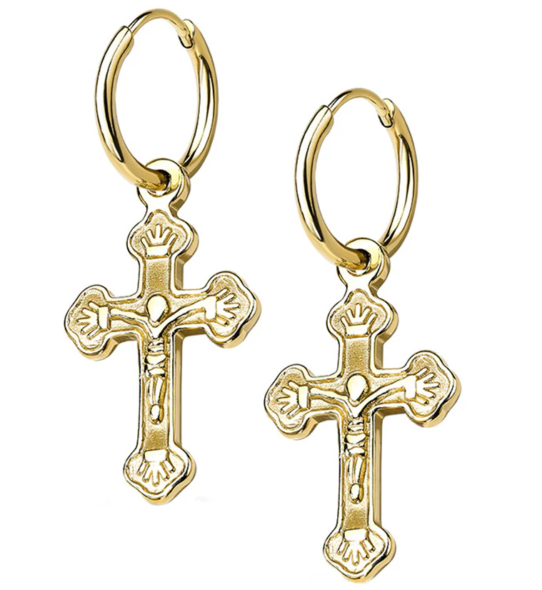 Gold PVD Dangle Cross Stainless Steel Earrings - Mrs Treak