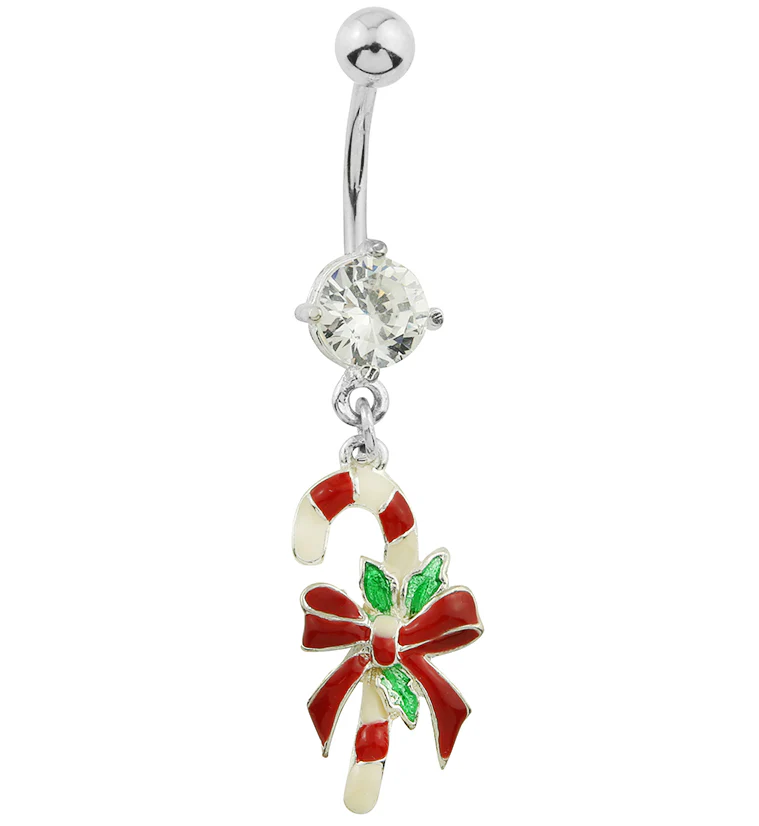 Candy Cane Dangle Clear CZ Stainless Steel Belly Button Ring - Mrs Treak