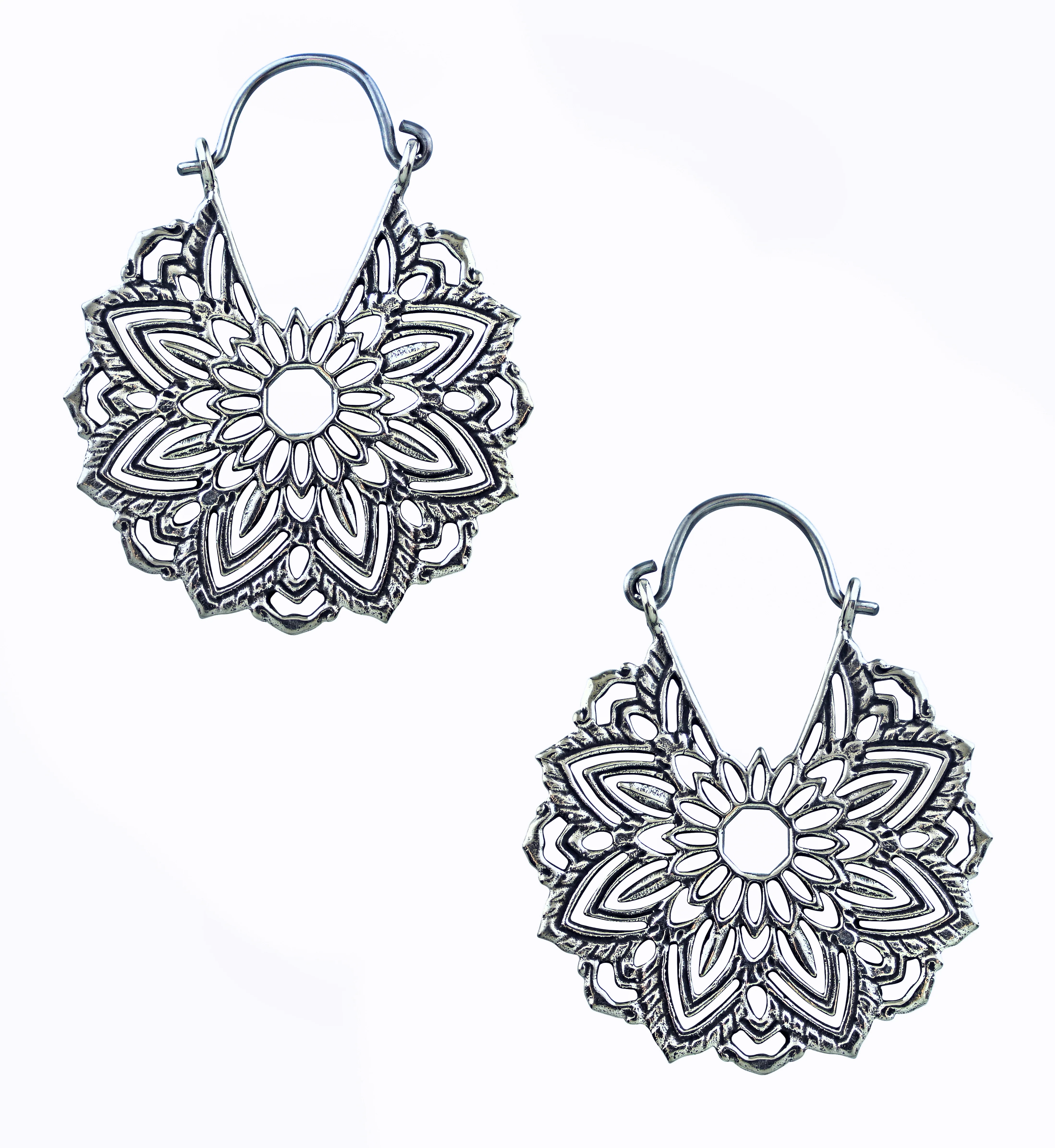 Mini Mandala White Brass Plug Hoops / Earrings - Mrs Treak