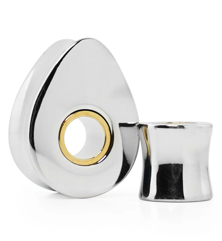 Hollow Golden Tunnel Stainless Steel Teardrop Plugs - Mrs Treak