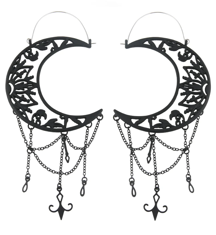 Black PVD Ornate Crescent Moon Dangle Chains Stainless Steel Plug Hoops - Mrs Treak