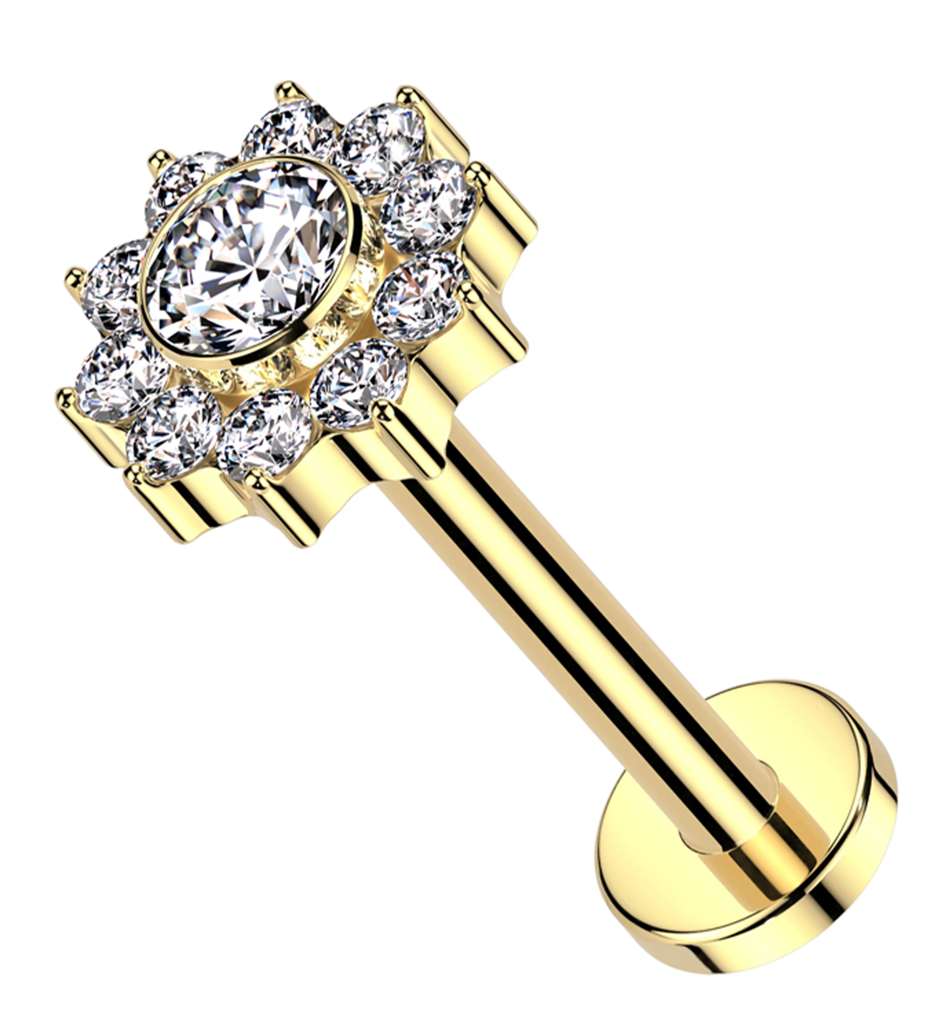 Gold PVD Pave Flower Clear CZ Internally Threaded Titanium Labret - Mrs Treak