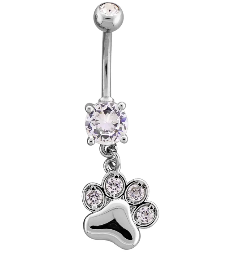 Paw Print Dangle Clear CZ Stainless Steel Belly Button Ring - Mrs Treak