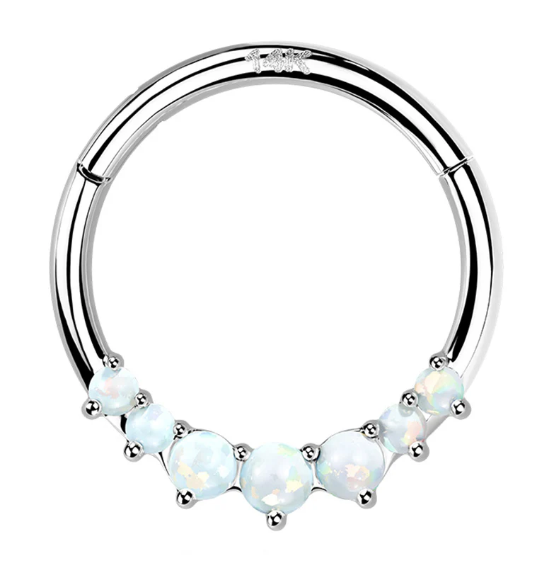 14kt White Gold Front Facing White Opalite Hinged Segment Ring - Mrs Treak