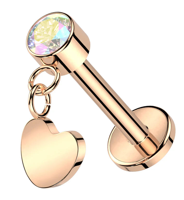 Rose Gold PVD Heart Dangle Rainbow Aurora CZ Titanium Threadless Labret - Mrs Treak