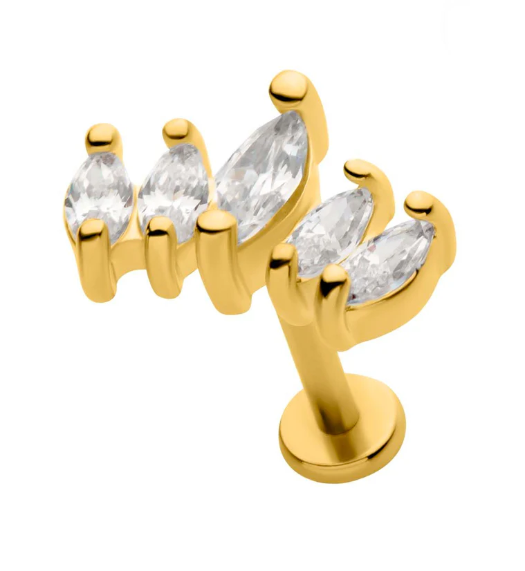 Gold PVD Royal Marquise Clear CZ Stainless Steel Internally Threaded Labret - Mrs Treak