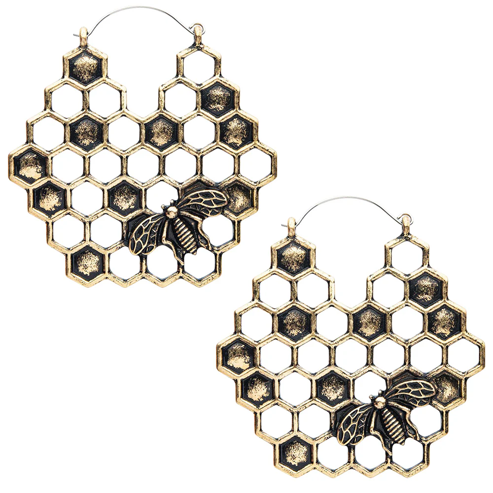 Honeycomb Golden Antique Plug Hoops - Mrs Treak