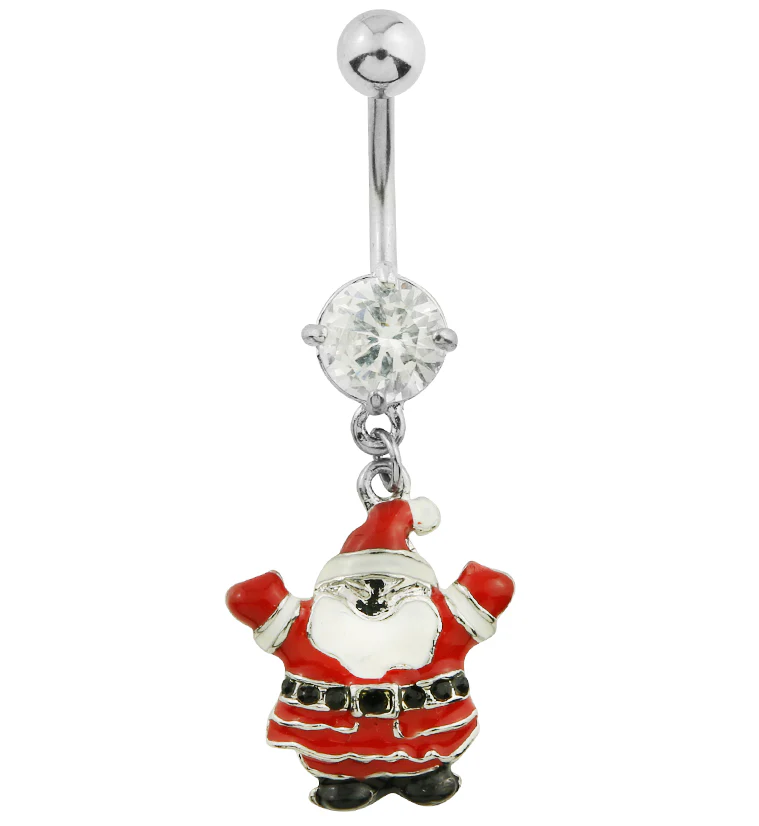Santa Claus Dangle Clear CZ Stainless Steel Belly Button Ring - Mrs Treak