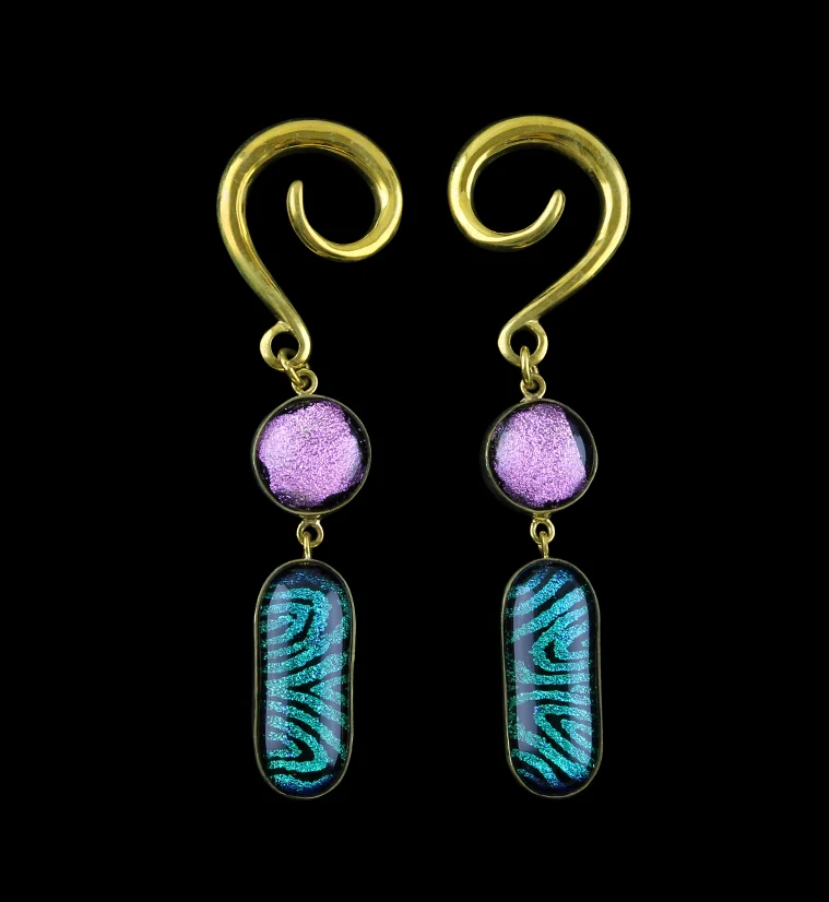 Green & Pink Double Dichroic Plane Glass Brass Ear Weights - Mrs Treak