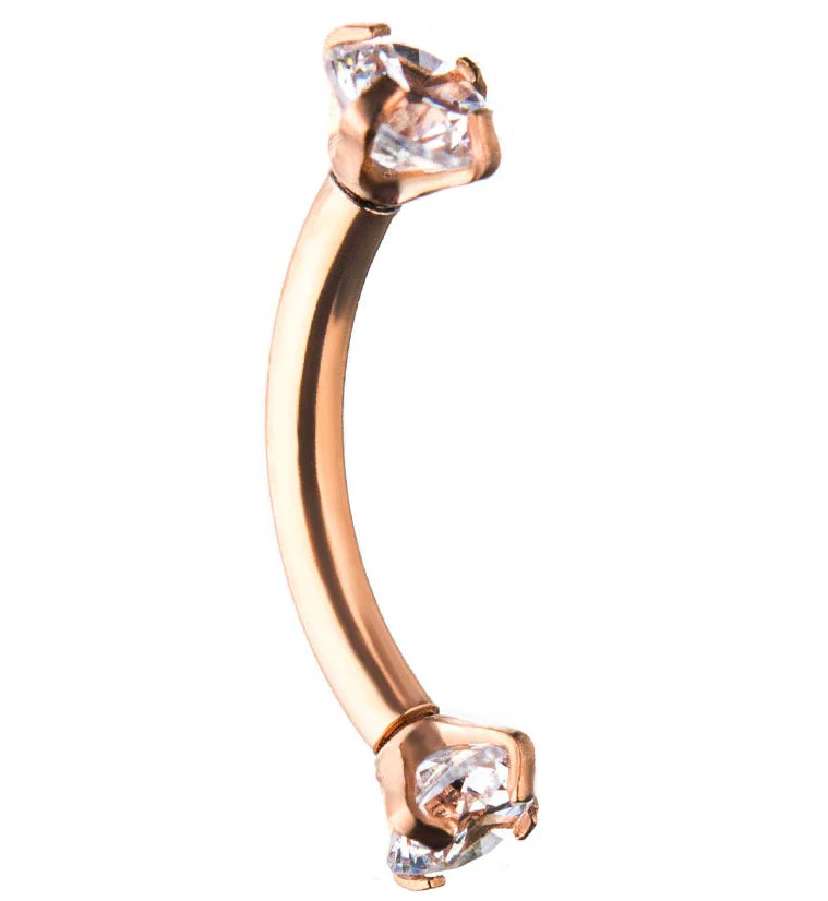 Rose Gold PVD Clear CZ Prong Set Stainless Steel Curved Barbell - Mrs Treak
