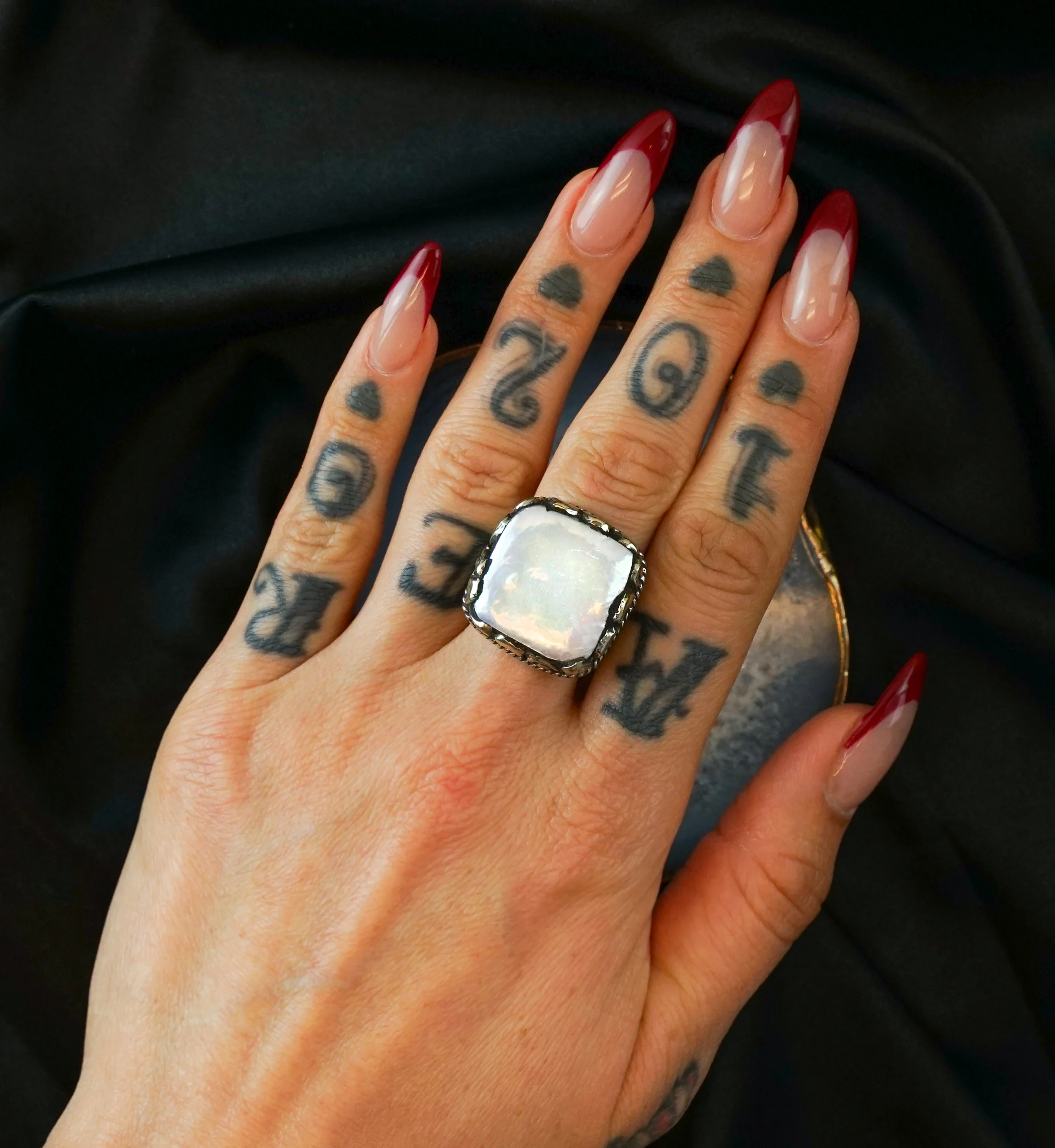 Ornate Square MOP White Brass Ring - Mrs Treak