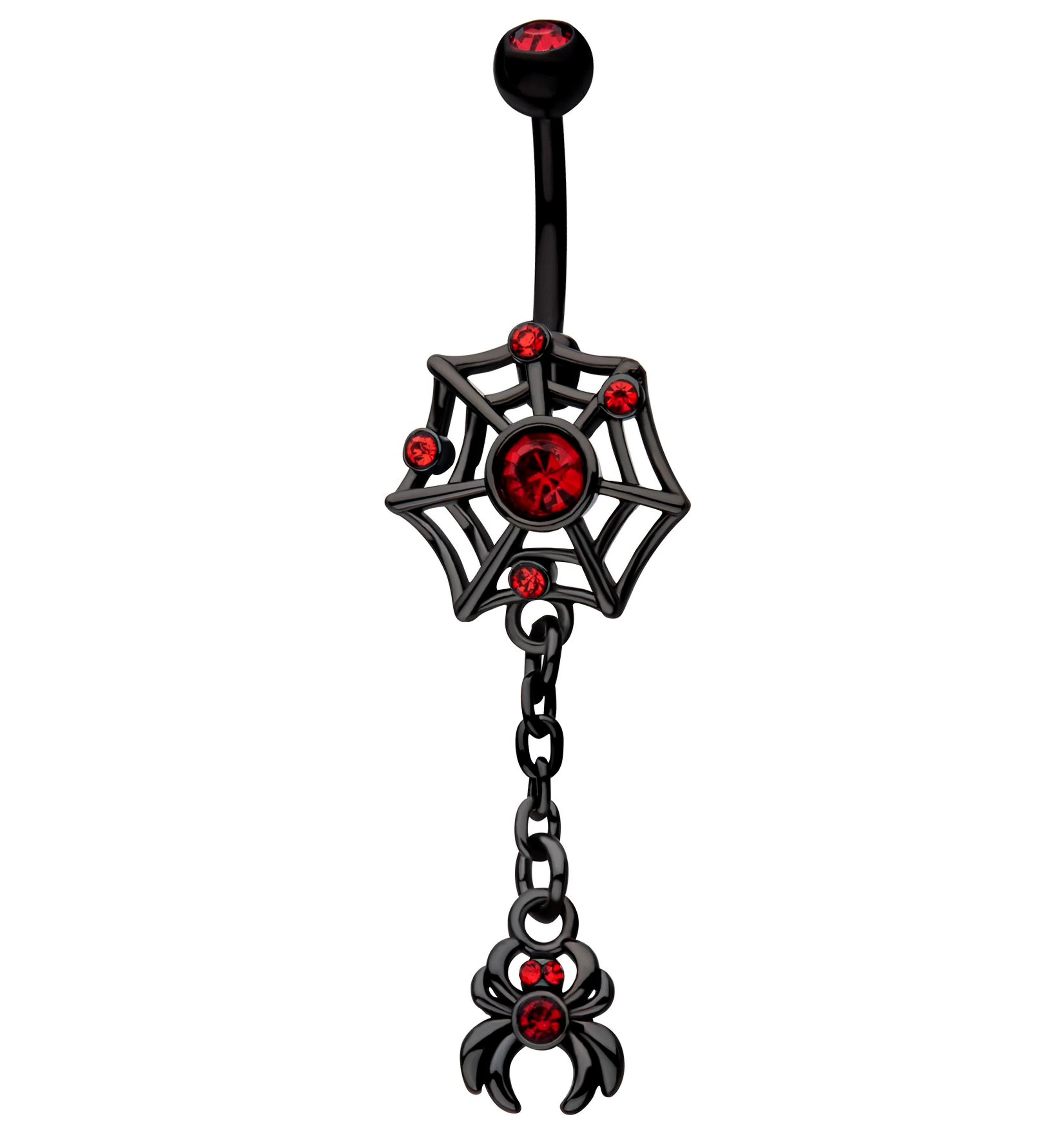 Black PVD Spiderweb Dangle Spider Red CZ Stainless Steel Belly Button Ring - Mrs Treak