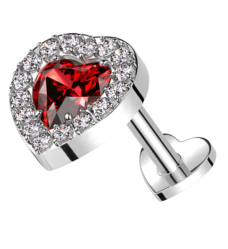 Lined Heart Red CZ Titanium Threadless Heart Back Labret - Mrs Treak