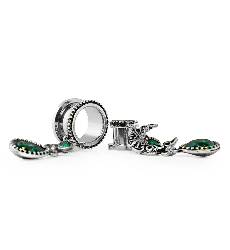 Emerald Crescent Moon Dangle Stainless Steel Tunnels - Mrs Treak