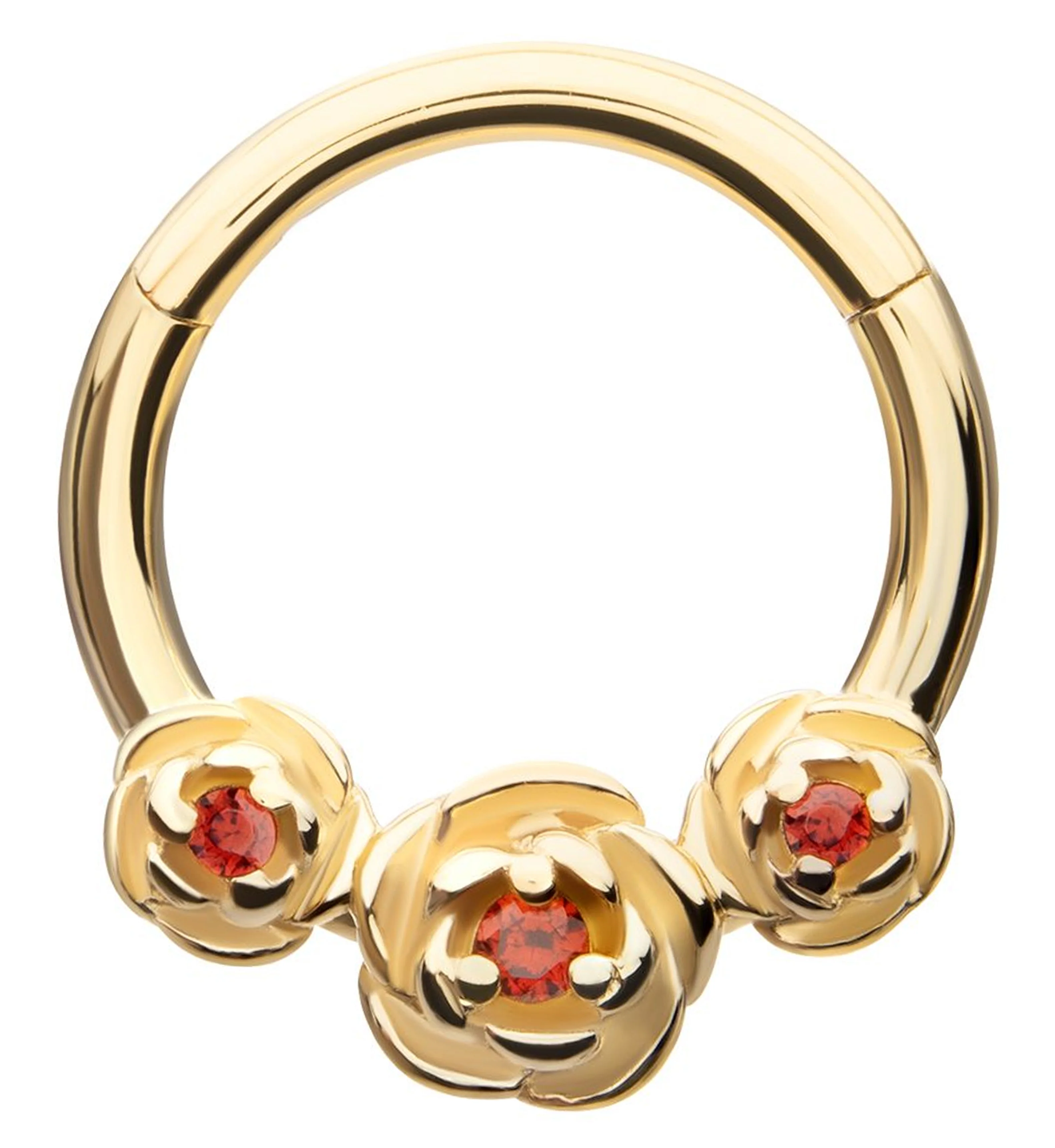 14kt Gold Triple Bloom Red CZ Hinged Segment Ring - Mrs Treak