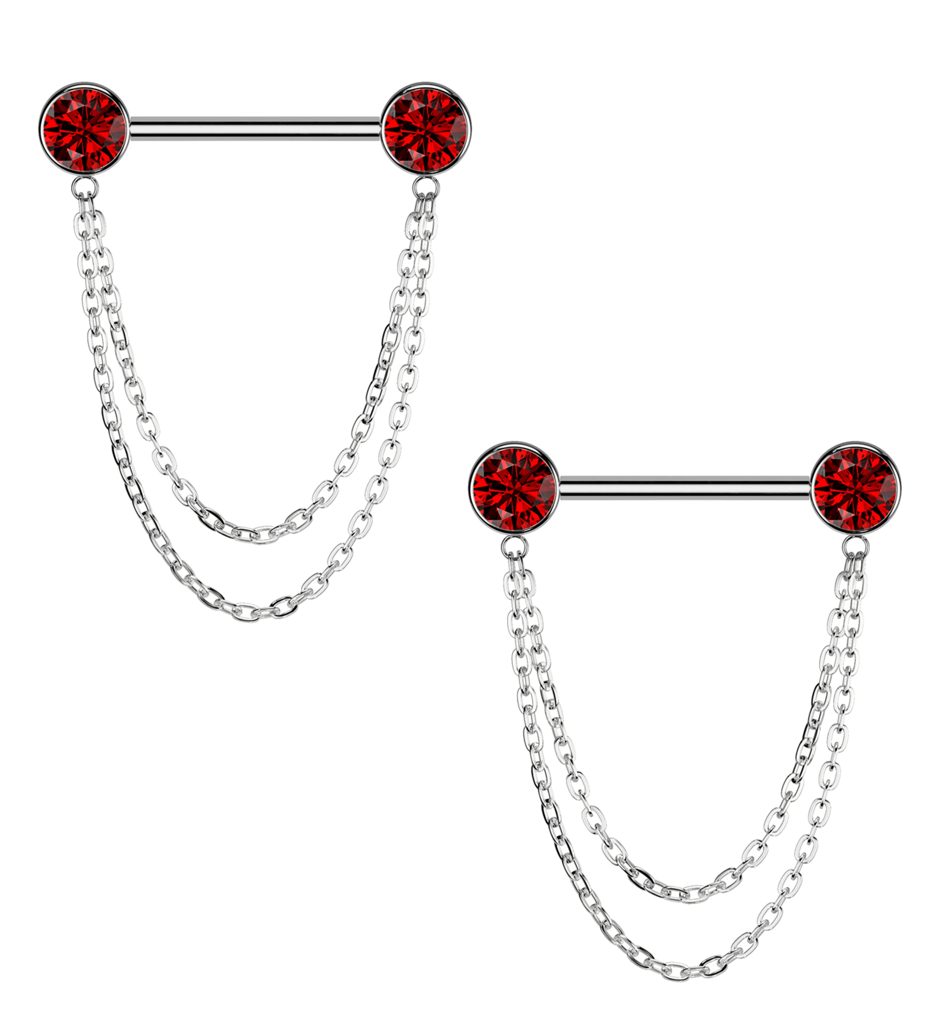 Front Facing Red CZ Double Dangle Threadless Titanium Nipple Barbell - Mrs Treak