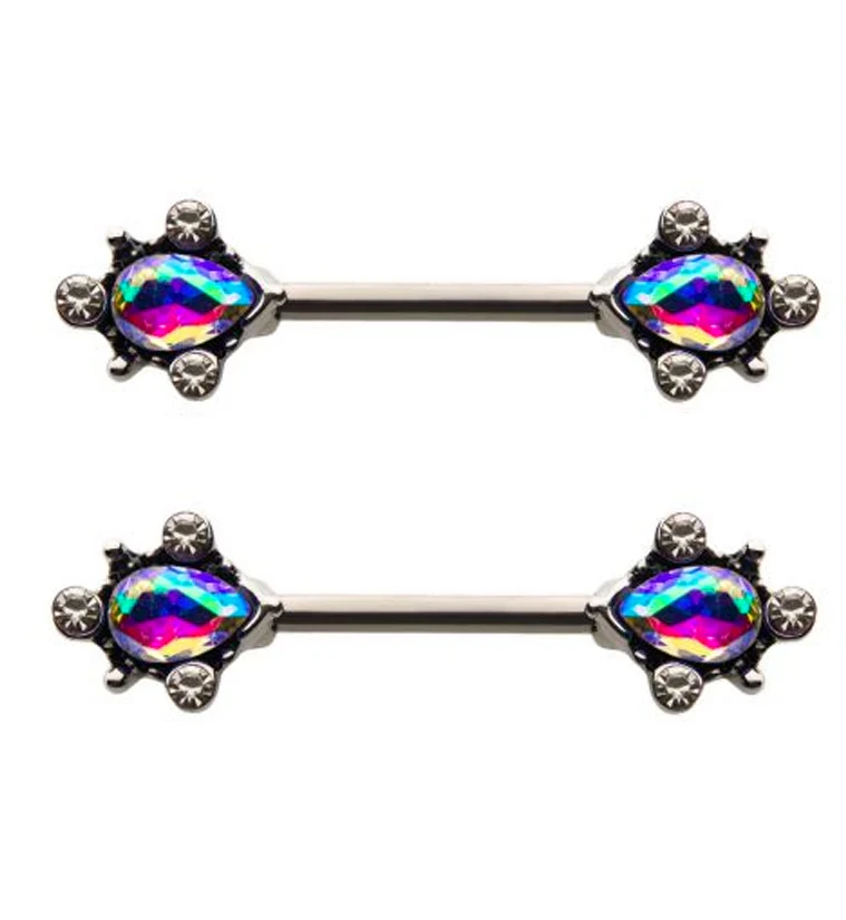 14G Rainbow Aurora CZ Filigree Nipple Rings Barbell - Mrs Treak