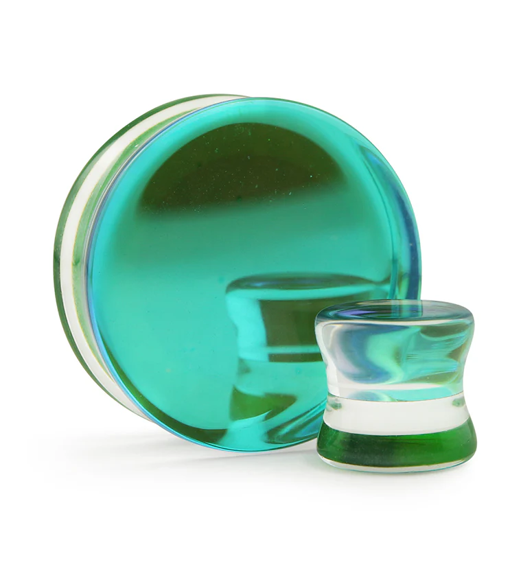Green Iridescent Glass Double Flare Plugs - Mrs Treak