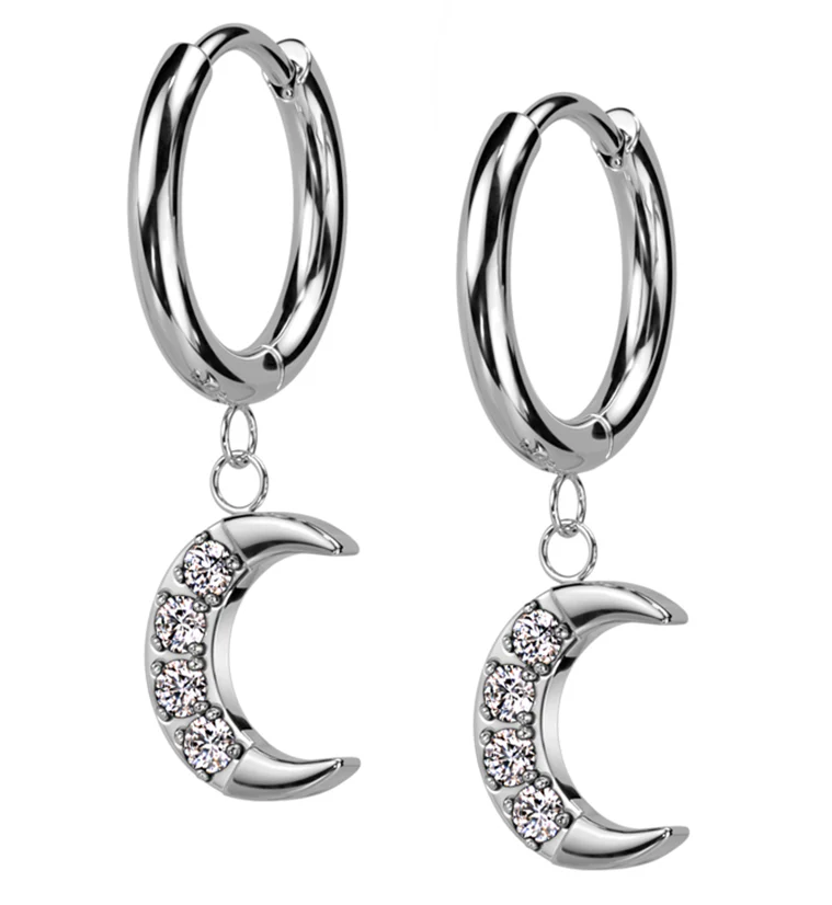 Crescent Moon CZ Dangle Stainless Steel Hinged Hoop Earrings - Mrs Treak