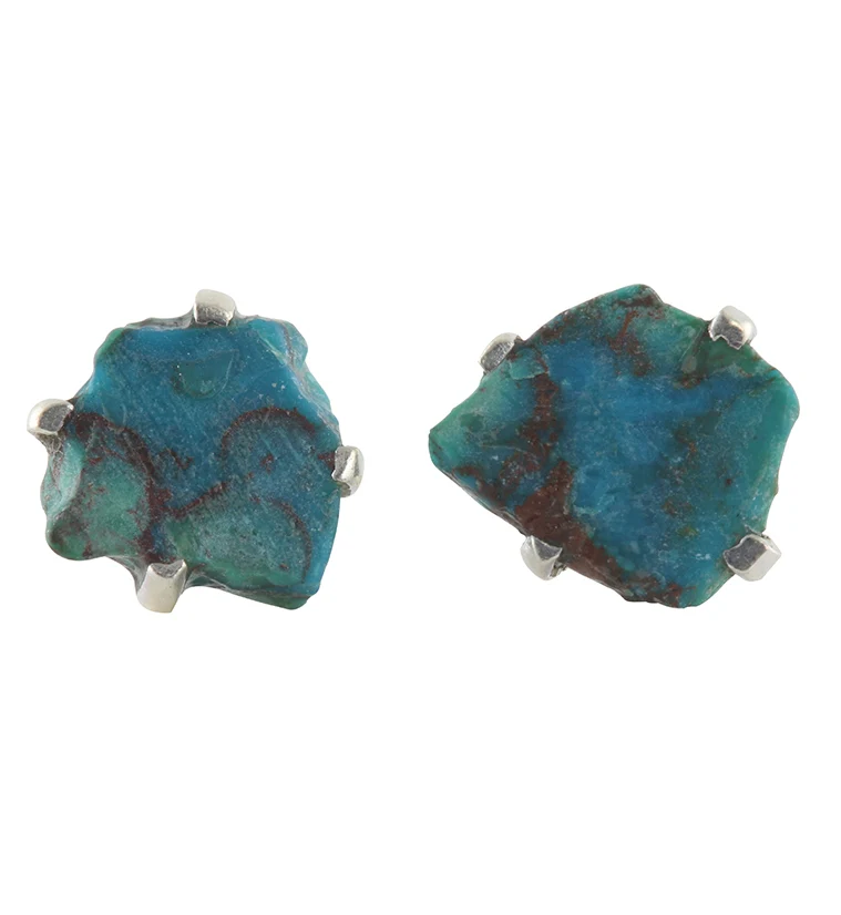 Chrysocolla Stone Prong Set Sterling Silver Earrings - Mrs Treak