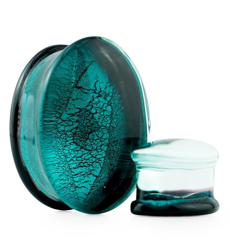 Oval Teal Dichroic Glass Double Flare Plugs - Mrs Treak