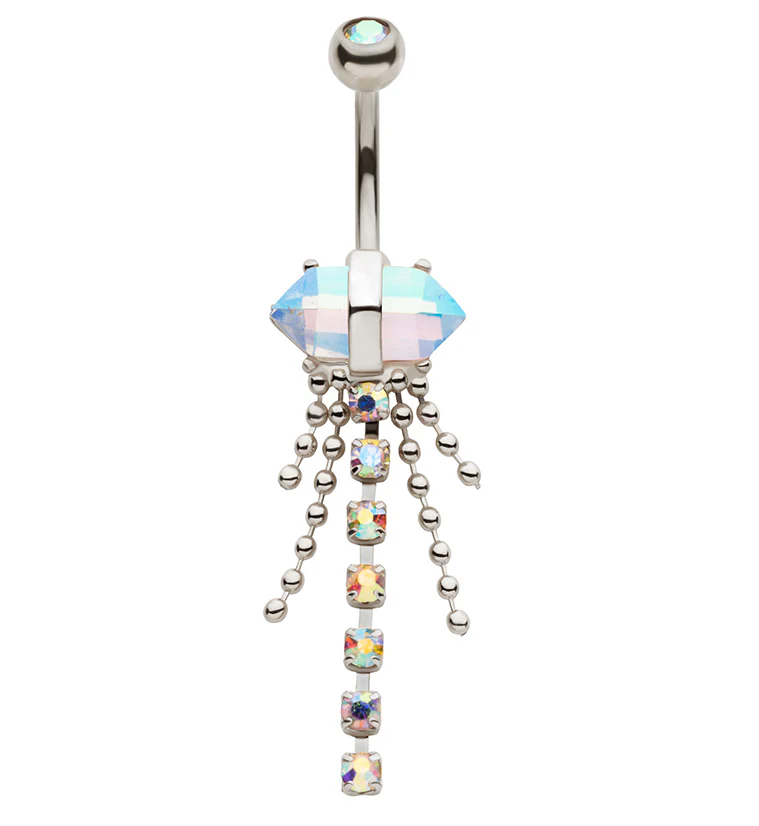 Rainbow Aurora Crystal Bead Chain Stainless Steel Belly Button Ring - Mrs Treak