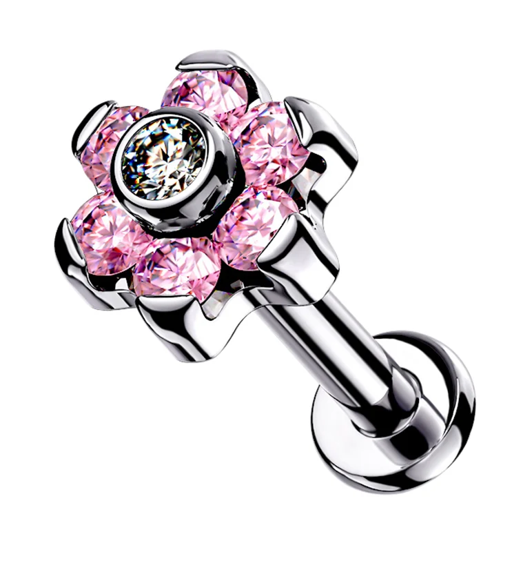16G Pink CZ Flower Top Titanium Labret - Mrs Treak