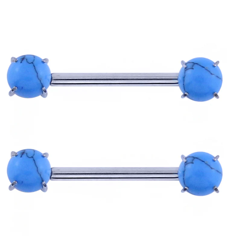 Double Howlite Turquoise Stone Threadless Titanium Nipple Barbells - Mrs Treak
