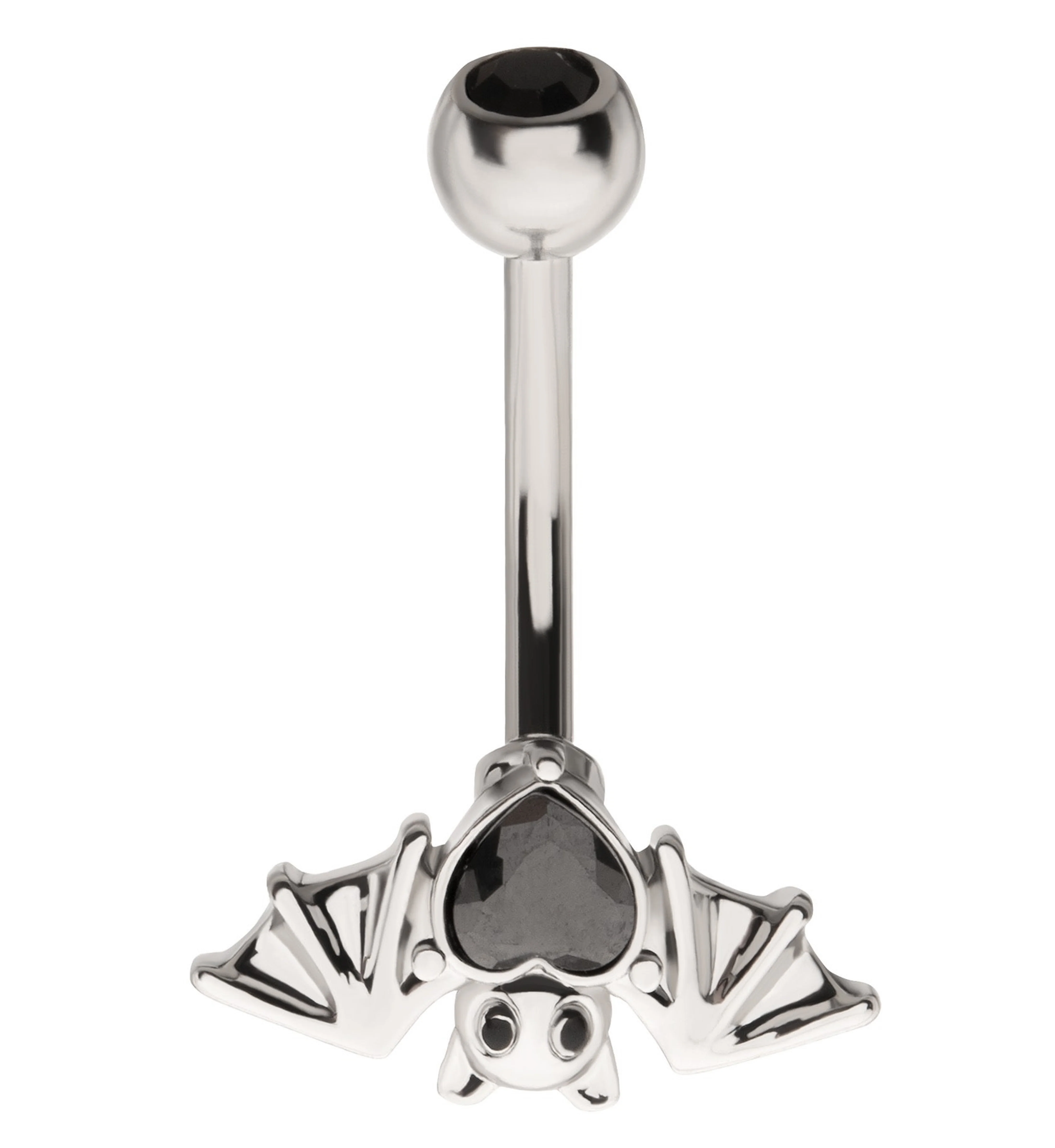 Upside Down Bat Black Heart CZ Stainless Steel Belly Button Ring - Mrs Treak