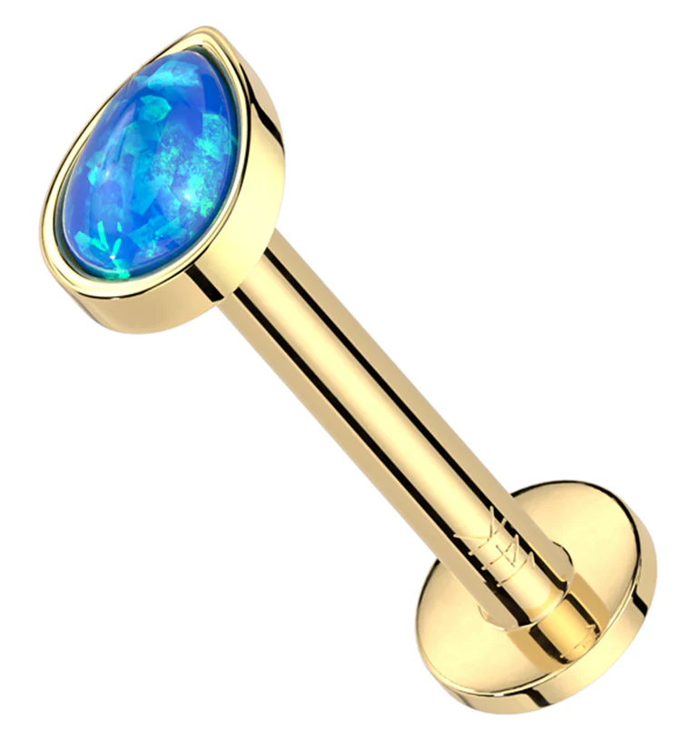 14kt Gold Teardrop Blue Opalite Threadless Labret - Mrs Treak