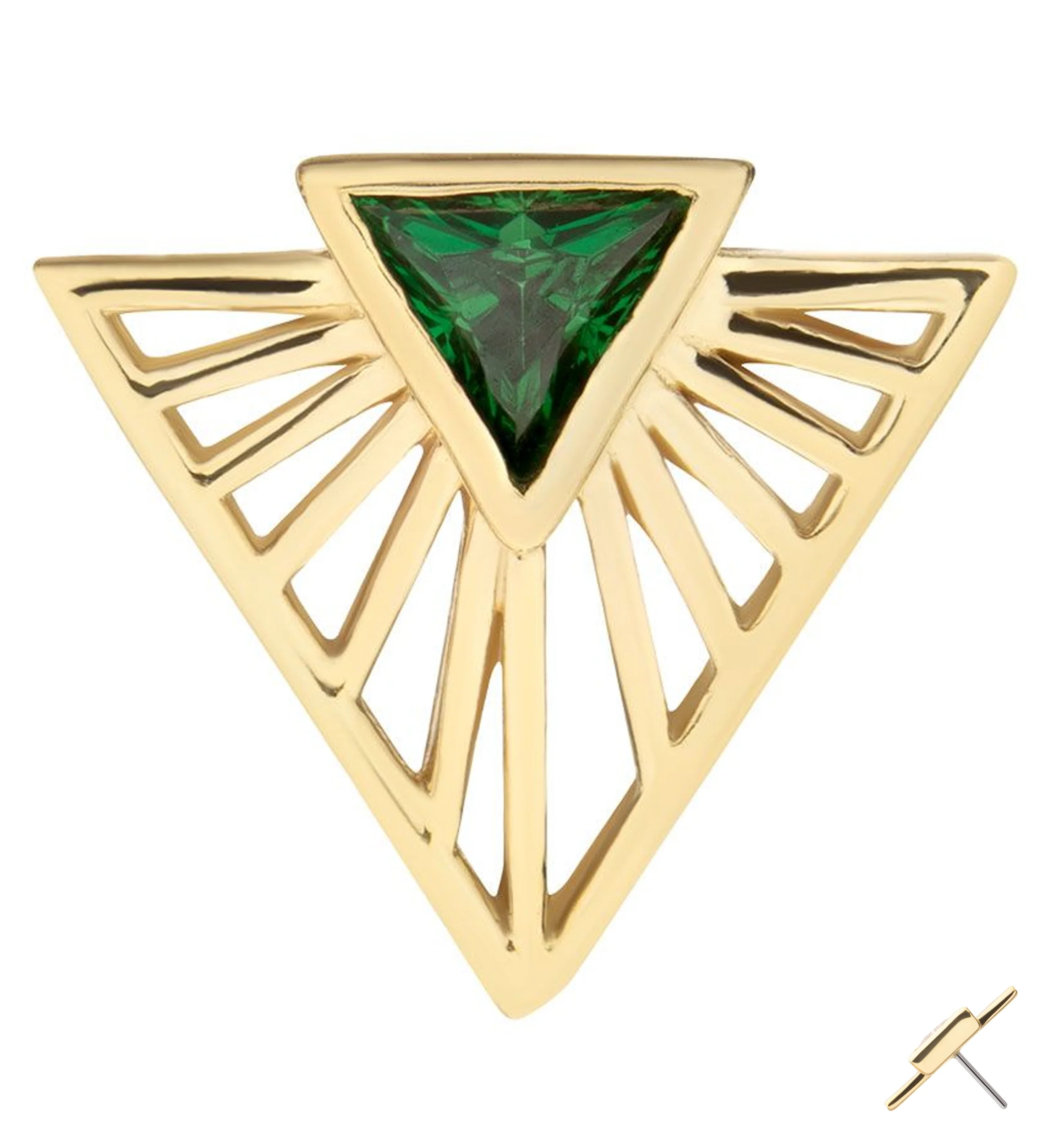 14kt Gold Empire Twin Triangle Emerald CZ Threadless Top - Mrs Treak