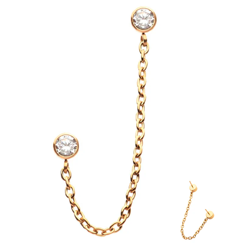 24kt Gold PVD Clear CZ Connector Nose/Cartilage Rolo Chain Threadless Tops - Mrs Treak