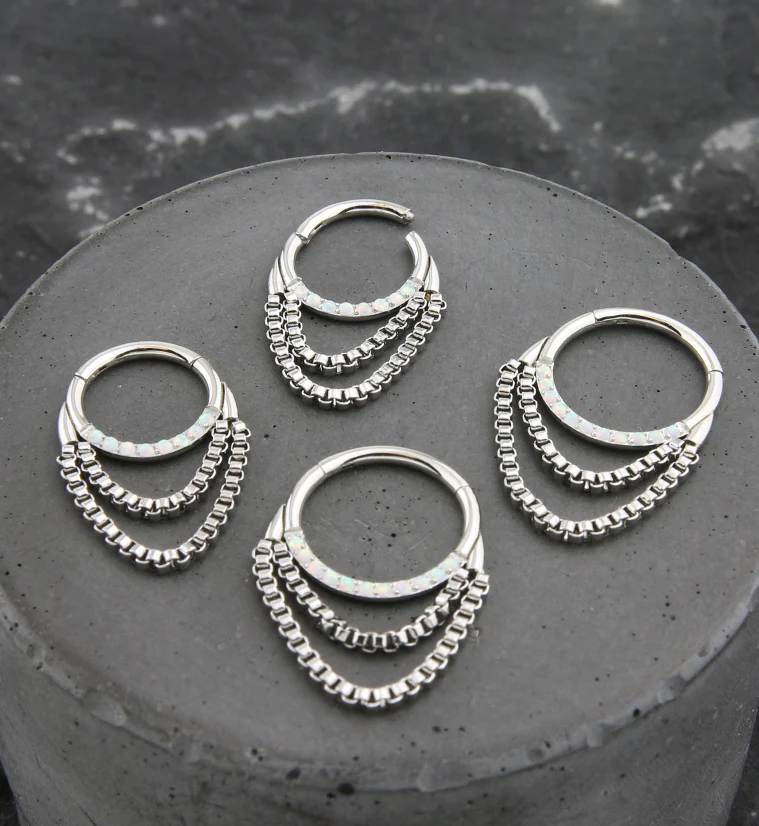 White Opalite Double Dangle Chain Titanium Hinged Segment Ring - Mrs Treak