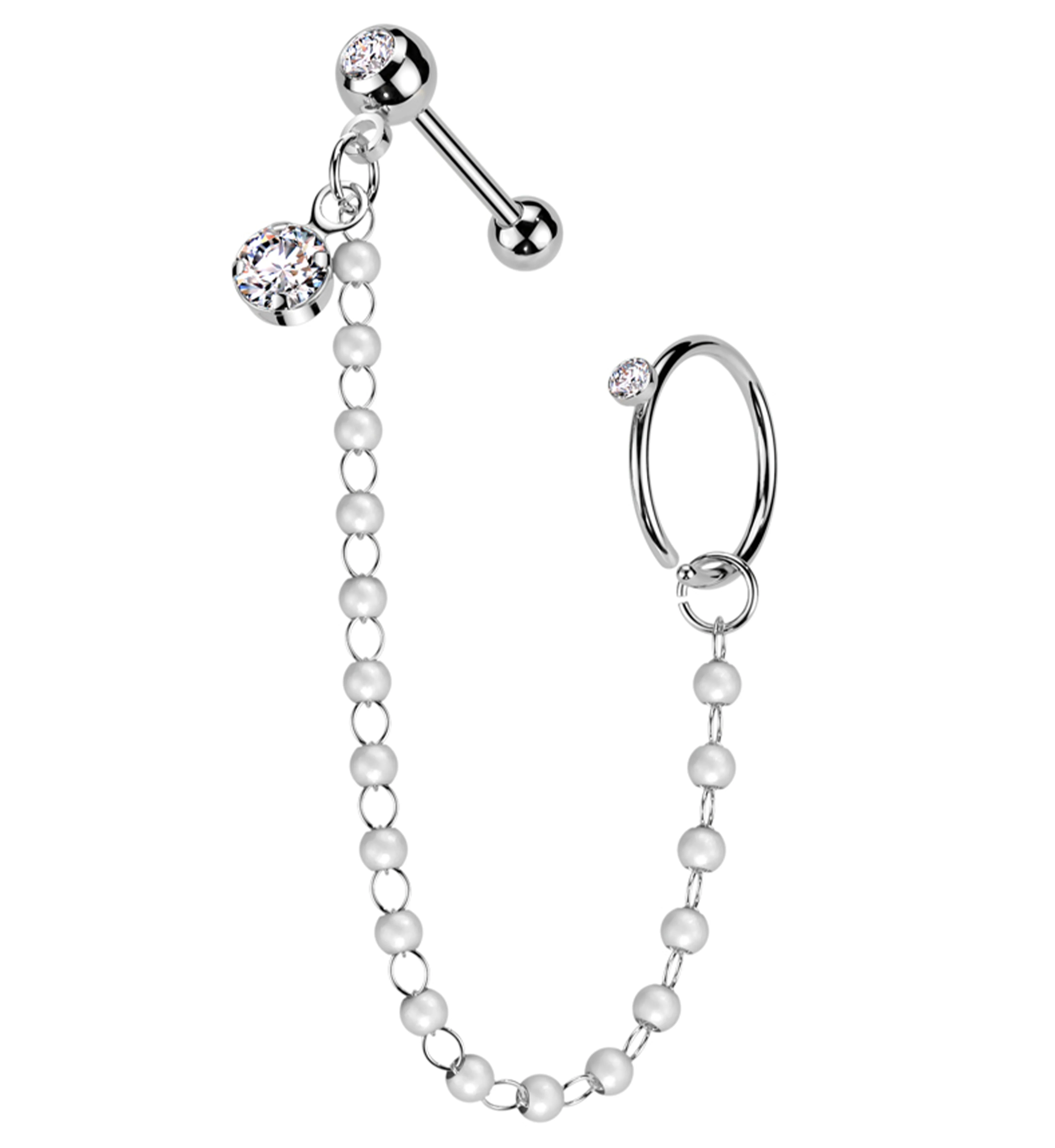 Hoop/Barbell Clear CZ Stainless Steel Mini Pearl Piercing Chain - Mrs Treak