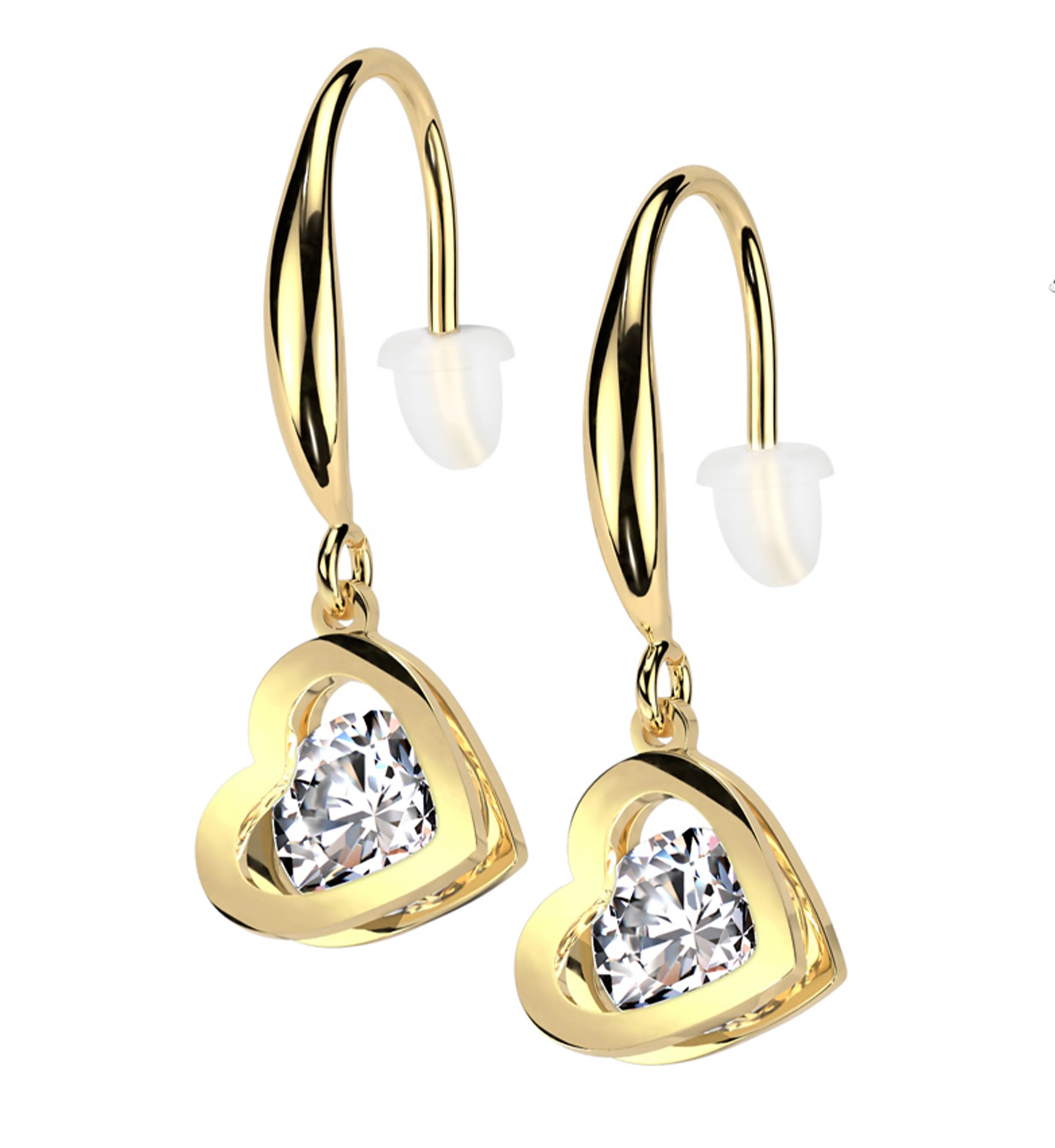 Gold PVD Heart Clear CZ Dangle Stainless Steel Earrings - Mrs Treak
