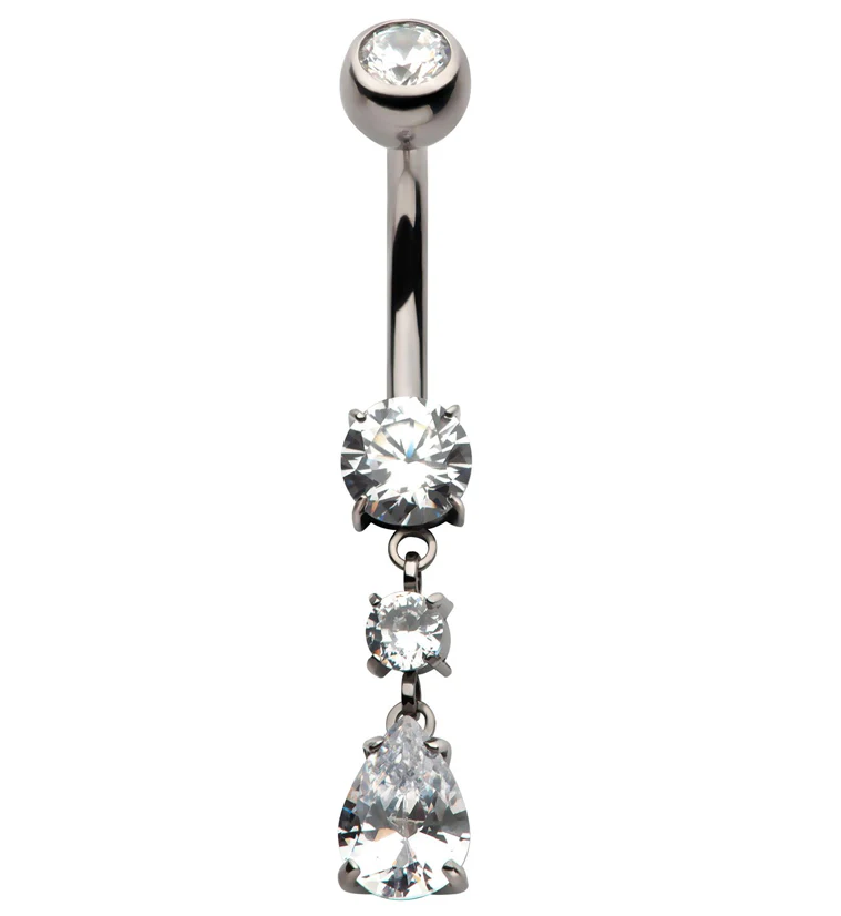 Teardrop Dangle Clear CZ Internally Threaded Titanium Belly Button Ring - Mrs Treak