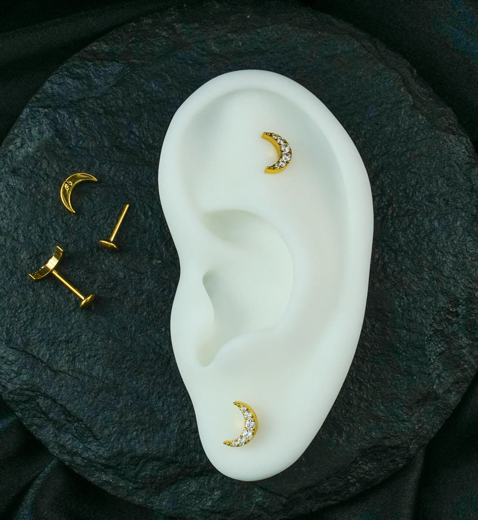 Gold PVD Crescent Moon Clear CZ Titanium Convex Disk Labret - Mrs Treak