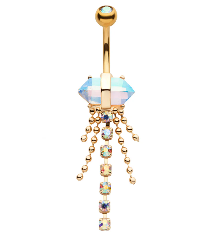 Gold PVD Rainbow Aurora Crystal Bead Chain Stainless Steel Belly Button Ring - Mrs Treak
