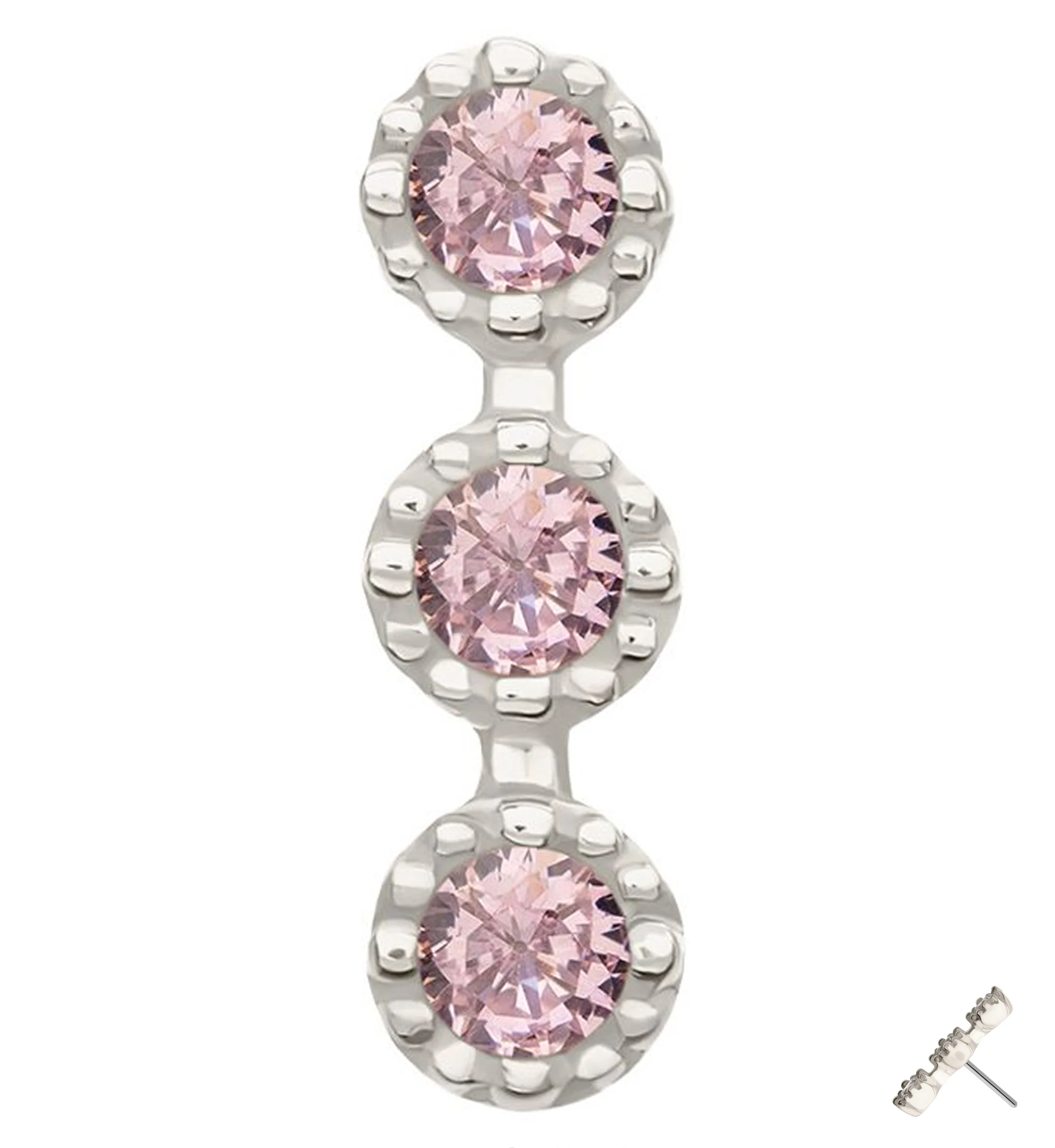 14kt White Gold Triple Stacked Beaded Pink CZ Threadless Top - Mrs Treak