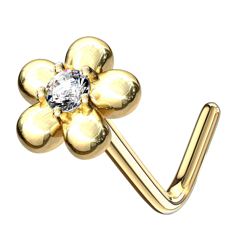 14kt Gold Daisy Clear CZ L Bend Nose Ring - Mrs Treak